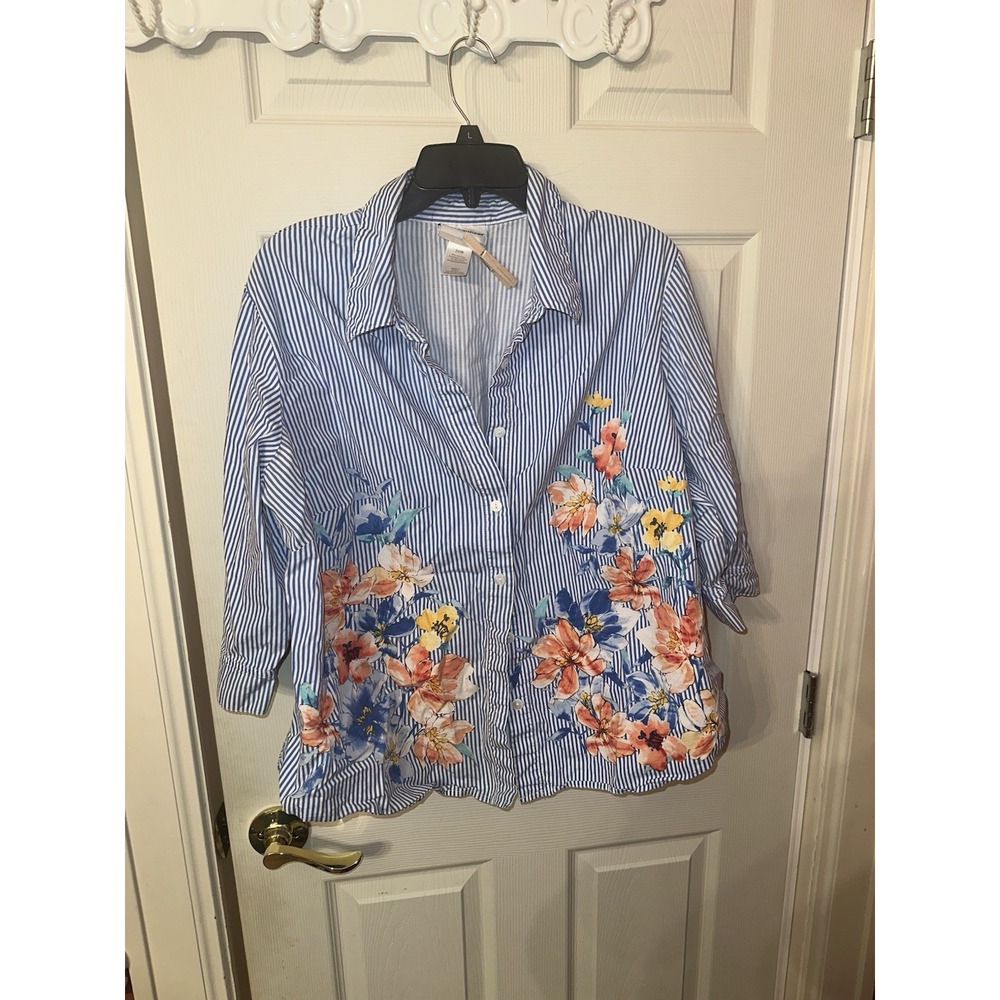 Alfred Dunner Women's Striped Floral Blouse, Semi-Sheer, 3/4 Sleeves, Size 20w